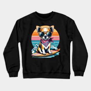 Funny Chihuahua with Sunglasses on a Surf Board Crewneck Sweatshirt